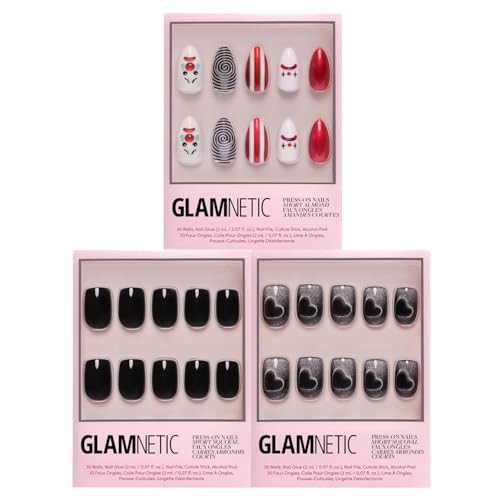 Glamnetic Press-On Nails Bundle - Crybaby Clown Midnight Romance & Jet Black  Short Almond 3D Fake Nails With Clown & Swirl Designs  Short Squoval Black Fake Nails With Magnetic Cat-Eye Design  Sh