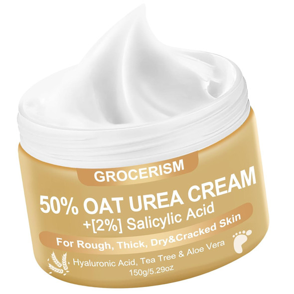Grocerism Urea Cream 50 Percent For Feet Maximum Strength 5.29 Oz With Oat And 2% Salicylic Acid Foot & Hand Cream Included Hyaluronic Acid Tea Tree And Aloe Vera For Deep Moisturizing Callus Removing