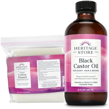 Heritage Store Black Castor Oil Pack Wrap Kit - Soothing Castor Oil Packs Heat Compress For Abdomen Joints Overall Health - 8Oz Black Castor Oil 13X15 In. Organic Cotton Flannel 60-Day