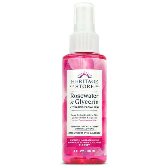 Heritage Store Rosewater & Glycerin Hydrating Facial Mist - Dry Combination Skin Care - Rose Water Spray W/Vegetable Glycerine Made Without Dyes Or Alcohol Hypoallergenic Vegan Cruelty  12Oz