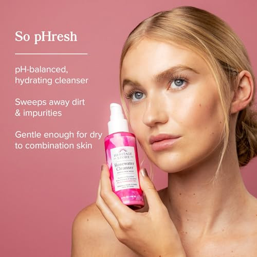 Heritage Store Rosewater Cleanser And Facial Moisturizer - 2-Step Skin Care Bundle - Soothing Face Wash And Gel Moisturizer - Dry/Combination Skin - Hypoallergenic Vegan 60-Day  4Oz 2Oz