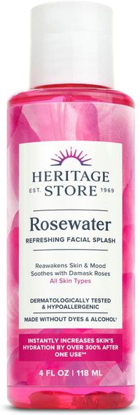 Heritage Store Rosewater - Refreshing Facial Splash For Glowing Skin With Damask Rose - All Skin Types - Rose Water For Face - Made Without Dyes Or Alcohol Hypoallergenic Vegan Cruelty  8Oz