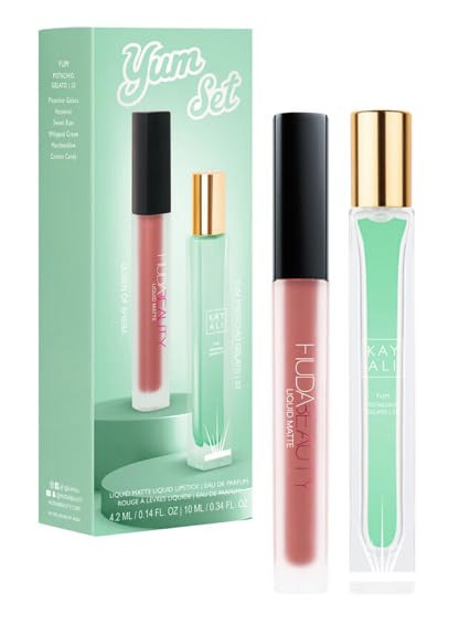 Huda Beauty Kayali Yum  Set - Pistachio Gelato  33 Eau De Parfum Travel Size Spray (0.34 Fl Oz / 10 Ml) And Matte Liquid Lipstick In Shade Queen Of Sheba (0.14 Fl Oz / 4.2 Ml)