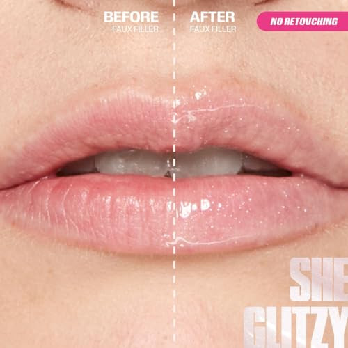 Huda Faux Filler Icy Nude Shimmer Lip Gloss - She Glitzy (Sheer Clear Iridescent) - 0.13 Fl Oz / 3.9 Ml