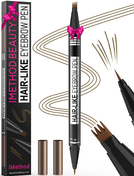 Imethod Microblading Eyebrow Pen - Eyebrow Pencil Magical 2-In-1 Dual-Ended Eye Brow Pencils For Women With 4-Fork-Tip & Precise Brush-Tip Create Natural Hair-Like Brows Last All-Day Dark Brown