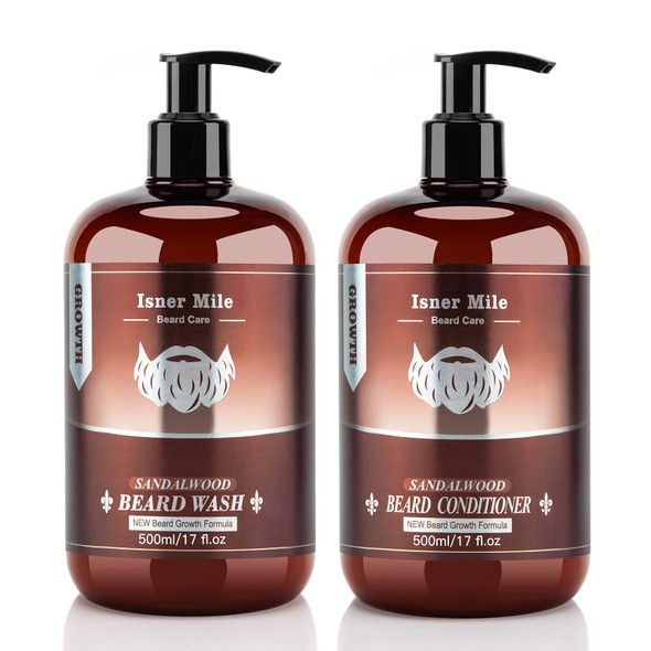 Isner Mile Beard Wash & Conditioner Set For Men - 17 Oz Shampoo With Biotin Argan & Jojoba Oils For Smooth Soft And Strengthened Beard - Sandalwood Scented Grooming