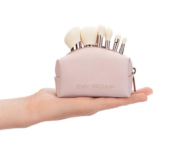 Jenny Patinkin Luxury Sustainable Brush Babies Mini Makeup Brush Set With Full Size Brush Heads On Palm-Sized Handles.