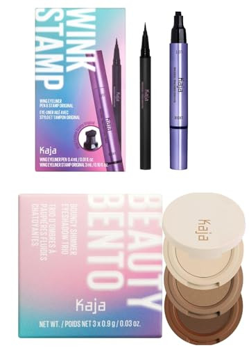 Kaja Beauty Bento Collection - Bouncy Eyeshadow Trio 14 Neutral Moment 0.03 Oz + Winged Eyeliner & Pen - Wink Stamp Bundle
