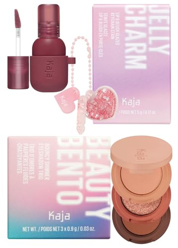 Kaja Lip & Blush Glazed Keychain Stain - Jelly Charm 04 Fig Soda + Beauty Bento Collection - Bouncy Eyeshadow Trio 10 Spiked Ginger 0.03 Oz Bundle