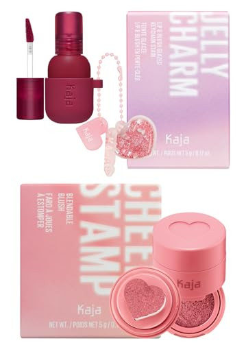Kaja Lip & Blush Glazed Keychain Stain - Jelly Charm 01 Cherry Spritz + Blush - Cheeky Stamp 01 Coy 0.17 Oz Bundle