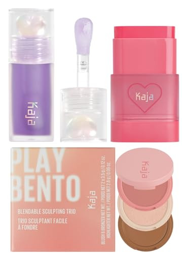 Kaja Juicy Glass Lip Plumping Oil 04 Grape Glowtini + Dewy Bar - Creamy Multi-Stick Blusher & Lip Balm 02 Strawberry Sorbet10G + 3-In-1 Blendable Sculpting Trio - Play Bento 01 Butter Up Bundle