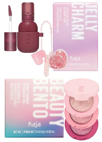 Kaja Lip & Blush Glazed Keychain Stain - Jelly Charm 04 Fig Soda + Beauty Bento Collection - Bouncy Eyeshadow Trio 01 Rosewater 0.03 Oz Bundle