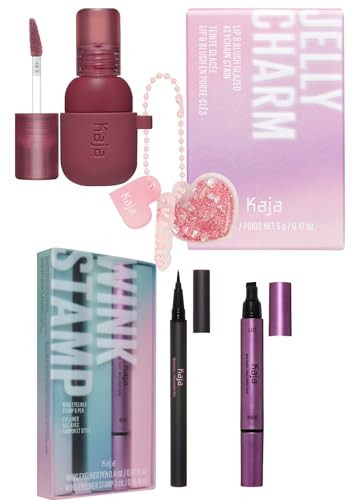 Kaja Lip & Blush Glazed Keychain Stain - Jelly Charm 04 Fig Soda + Wink Stamp Wing Eyeliner Pen & Stamp Long Bundle