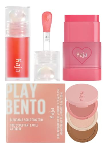 Kaja Juicy Glass Lip Plumping Oil 02 Raspberry Refresher + Dewy Bar - Creamy Multi-Stick Blusher & Lip Balm 02 Strawberry Sorbet10G + 3-In-1 Blendable Sculpting Trio - Play Bento 01 Butter Up Bundle