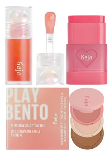 Kaja Juicy Glass Lip Plumping Oil 03 Apricot Allure + Dewy Bar - Creamy Multi-Stick Blusher & Lip Balm 02 Strawberry Sorbet10G + 3-In-1 Blendable Sculpting Trio - Play Bento 01 Butter Up Bundle