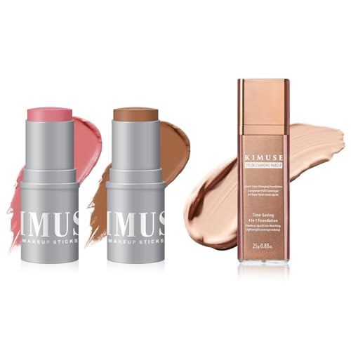 Kimuse Cream Contour Blush Bronzer Shaping Stick & 4 In 1 Color Changing Foundation Waterproof & Long Wear Face Makeup For All Skin Tones