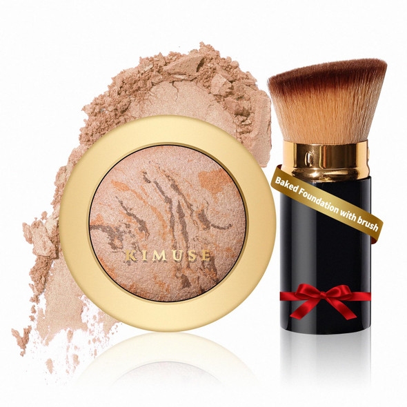 Kimuse Baked Foundation - Brighten Color Correcting Powder Foundation With Retractable Kabuki Brush Makeup Set For Mature Skin Buildable Coverage Radiant Natural Finish