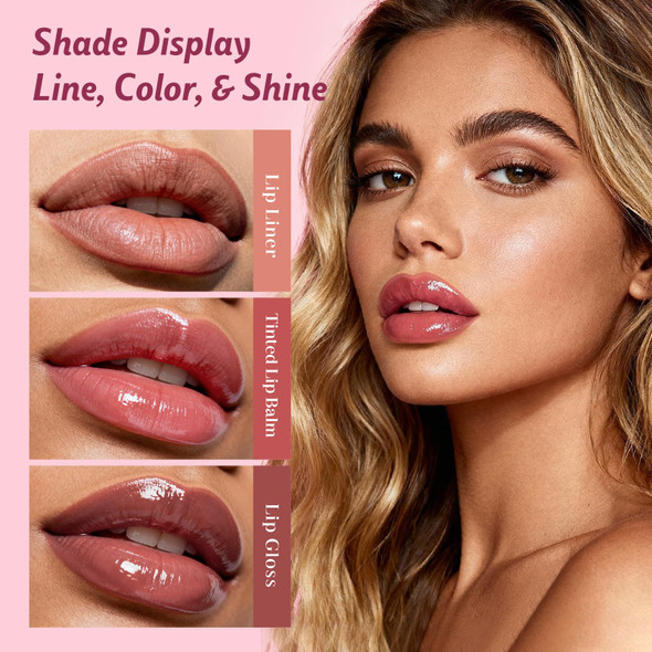 Kimuse 3Pcs Lip Combo Set - Matte Lip Liner Pencil + Hydrating Tinted Lip Balm + Juicy Lip Gloss Tint Non-Sticky Long-Lasting High Pigment Lip Makeup Kit (Berry Mousse Set)