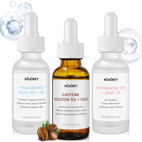 Kiuoret Advanced Face Serum Set 3 Pcs - 5% Caffeine Solution + Niacinamide + Hyaluronic Acid Serums - Anti-Aging Serum Reduces Wrinkles Minimizes Pores & Firming Improves Texture For All Skin Types