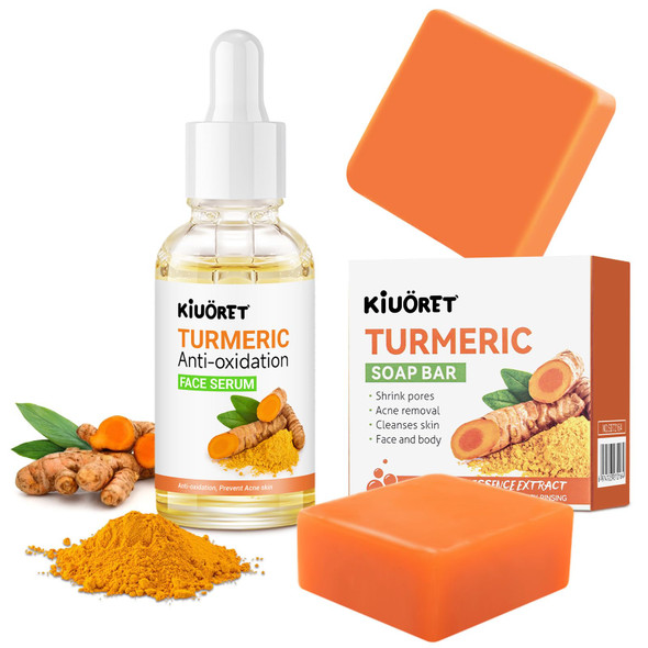 Kiuoret 3Pcs Turmeric Soap & Serum Set - Turmeric Face Serum + 2 Turmeric Soap Bars With Vitamin C & E - Deep Cleanses Pores Reduces Acne Controls Oil Soothes Skin - Hydrating Facial Kit For All Skins