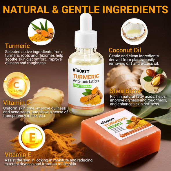 Kiuoret 3Pcs Turmeric Soap & Serum Set - Turmeric Face Serum + 2 Turmeric Soap Bars With Vitamin C & E - Deep Cleanses Pores Reduces Acne Controls Oil Soothes Skin - Hydrating Facial Kit For All Skins