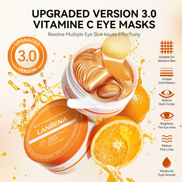Lanbena Vitamin C Under Eye Patches For Dark Circles And Puffy Eyes Cooling Eye Masks For Eye Bags Fine Lines & Wrinkles Reduce Anti-Aging With Niacinamide Hydra-Gel Collagen-30 Pairs