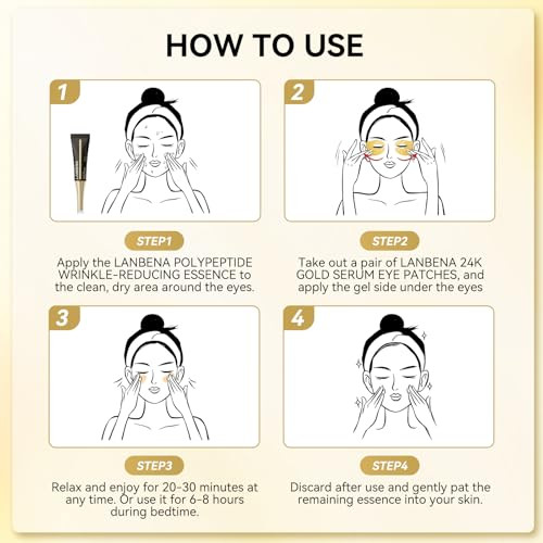 Lanbena Full-Around 24K Gold Eye Patches Rapid Reduction Eye Essence Visibly Reduces Under Eyebags Puffyeyes Wrinkles Dark Circles Fine Lines Eyeskin Care Treatment Set (6 Pairs 0.27 Fl.Oz)