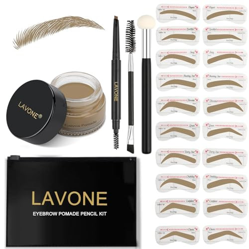 Lavone Eyebrow Stamp Stencil Kit Brow Stamp Trio Kit With Waterproof Eyebrow Pencil Pomade 20 Eyebrow Stencils Dual-Ended Eyebrow Brush And Sponge Applicator - Soft Brown