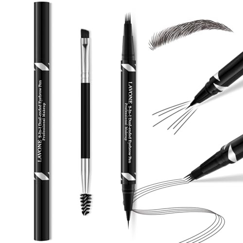 Lavone 2-In-1 Dual-Ended Waterproof Eyebrow Pencil 4 Tip Microblading Pen & Ultra-Precise Brow Pencil Dual-Ended Eyebrow Brush Natural-Looking Dark Grey