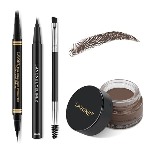 Lavone Eyebrow Pen Makeup Kit - 4 Tip Waterproof Microblading Pencil Eyeliner Pomade And Dual-Ended Brush - Natural Looking Brow Kit - Soft Brown