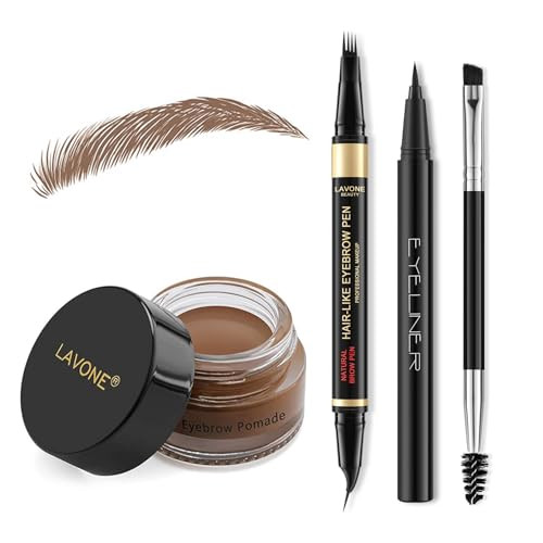 Lavone Eyebrow Kit With Waterproof 4 Tip Curved Eyebrow Pen Eyebrow Pomade Eyeliner And Dual-Ended Eyebrow Brush - 01 Soft Brown