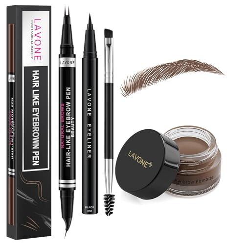 Lavone Makeup Kit With 2 Tip Waterproof Microblading Eyebrow Pencil Eyebrow Pomade Eyeliner And Dual-Ended Eyebrow Brush For Natural Hair-Like Brows - 03 Dark Brown