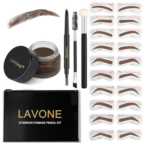 Lavone Eyebrow Stamp Stencil Kit Brow Stamp Trio Kit With Waterproof Eyebrow Pencil Eyebrow Pomade 20 Eyebrow Stencils Dual-Ended Eyebrow Brush And Sponge Applicator - Dark Brunette