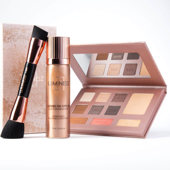 Luminess Face Time All In One Makeup Kit - Includes Face Palette Airbrush Foundation And Makeup Brush - Long-Wearing Silky Soft Easy To Blend 3-Pc Make Up Set (03 - Light Medium)