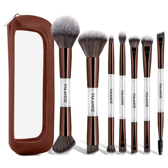 Maange 7 Pcs Foundation Makeup Brush Set With Bag Make Up Brushes Eyeshadow Concealer Brush Double-Ended Foundation Contour Powder Blush Professional Face Brush Set Tools For Liquidcream(Apricot)