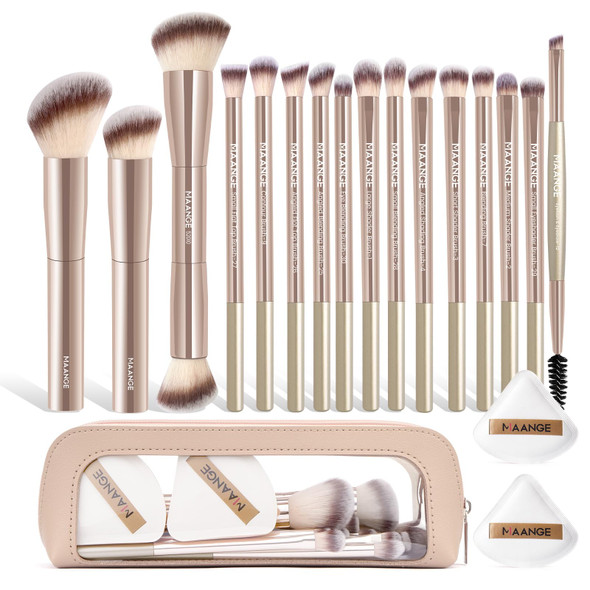 Maange Makeup Brush Set 19 Pcs Travel Makeup Brushes Eyeshaowder Powder Concealers Foundation Professional Make Up Brush Set With Case (Coffee)