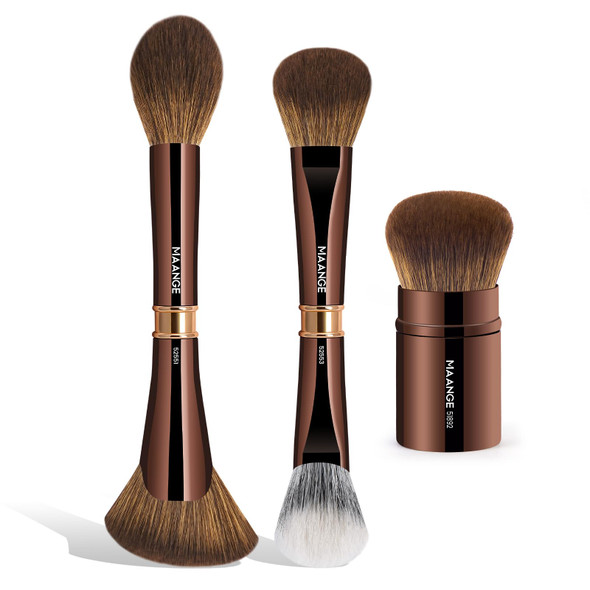 Maange 3 Pcs Makeup Brushes Double-Ended Makeup Brush Set Double Sided Angled Round Top Brush Foundation Contour Blending Concealer (Coffee)