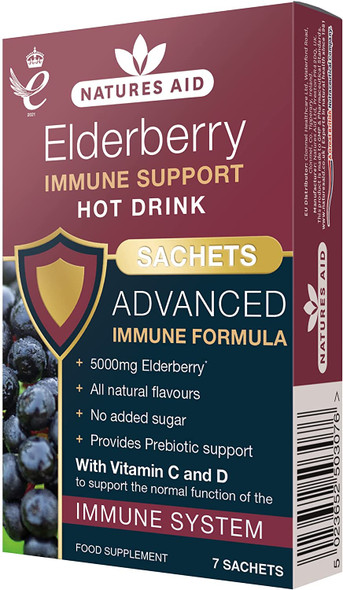 Natures Aid Elderberry Immune Support Hot Drink with Vitamins C & D, 7 Sachets