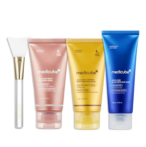 Medicube Pore & Glow K-Viral Mask Set: Turmeric Overnight Wrapping Peel Off Mask And Collagen Overnight Wrapping Peel Off Facial Mask Pack And Zero Pore Blackhead Mud Facial Mask And Jelly Brush 1