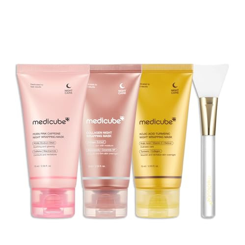 Medicube Korean Overnight Glow Mask Trio: Pdrn Caffeine & Collagen & Kojic Acid Turmeric Overnight Wrapping Peel Off Facial Mask And Jelly Brush  Holiday Stocking Stuffers