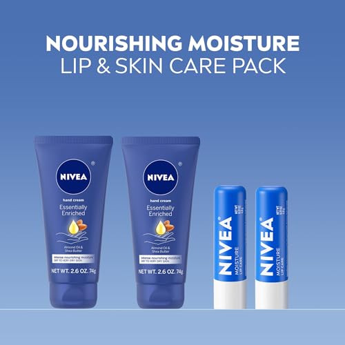 Nivea Moisturizing Must-Haves Skin Care Set Essentially Enriched Hand Cream With Almond Oil And Shea Butter 2.6 Oz Tube (Pack Of 2) + Moisture Lip Care Lip Balm 0.17 Oz Stick (Pack Of 2)