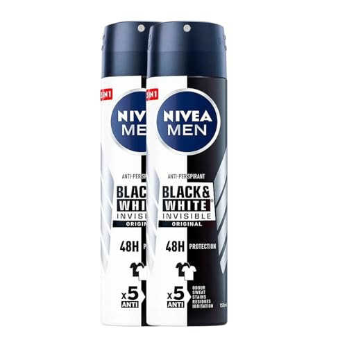 Nivea Men Invisible For Black & White Original Anti-Perspirant Deodorant Spray 150Ml  48H Protection  No White Marks Or Yellow Stains  No Ethyl Alcohol  Fresh Scent  Quick-Dry 2 Packs