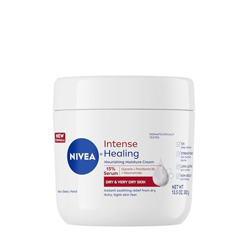 Nivea Intense Healing Body Cream For Dry Skin With Glycerin Provitamin B5 And Niacinamide 72-Hour Moisture Non-Greasy Body Moisturizer Immediately Soothes Dry Itchy Skin Feeling 13.5 Oz Jar