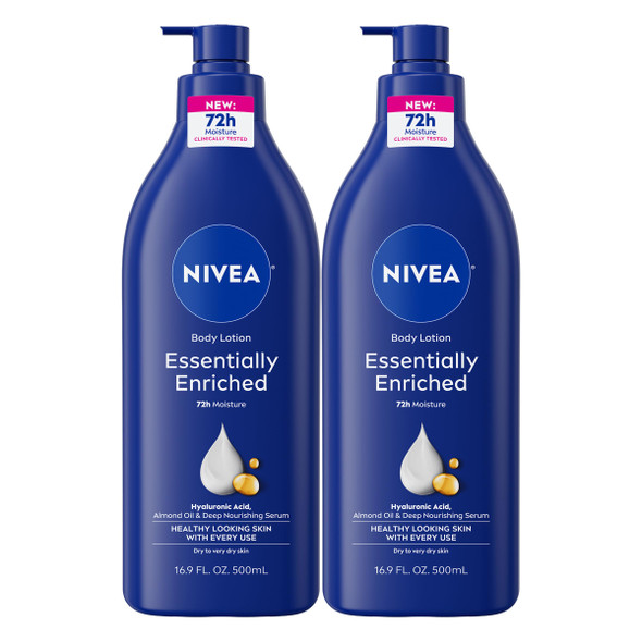 Nivea Essentially Enriched Body Lotion For Very Dry Skin With Hyaluronic Acid Almond Oil And Deep Nourishing Serum 72-Hour Body Moisturizer 16.9 Fl Oz Pump Bottle Pack Of 2
