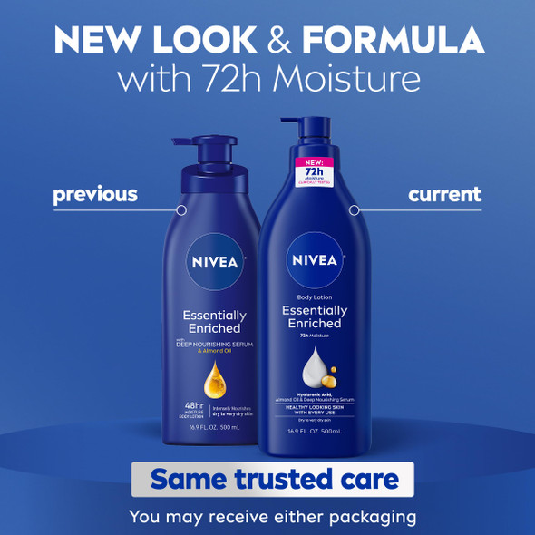 Nivea Essentially Enriched Body Lotion For Very Dry Skin With Hyaluronic Acid Almond Oil And Deep Nourishing Serum 72-Hour Body Moisturizer 16.9 Fl Oz Pump Bottle Pack Of 2