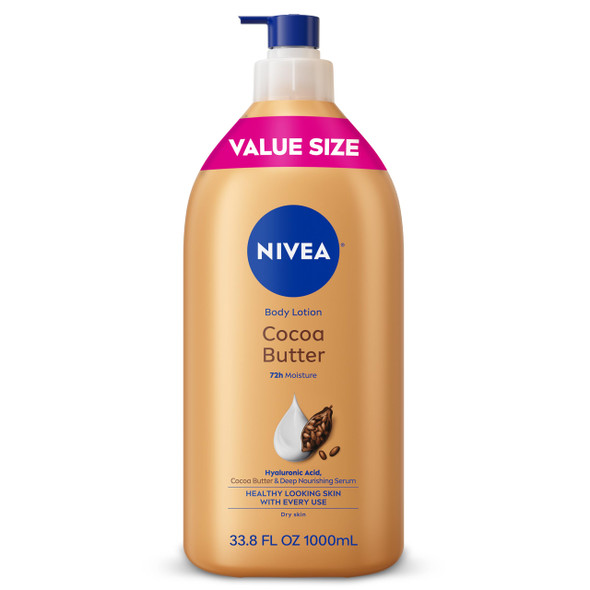 Nivea Cocoa Butter Body Lotion For Dry Skin With Hyaluronic Acid Cocoa Butter And Deep Nourishing Serum 72-Hour Body Moisturizer 33.8 Fl Oz Value Size Pump Bottle