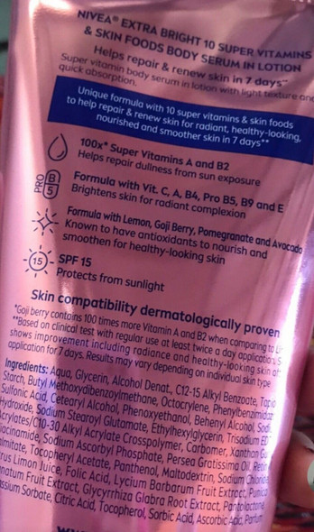 Nivea Extra Bright 10 Super Vitamins & Skin Foods Body Serum Lotion Size 320Ml 10.82 Oz (Pack Of 1)