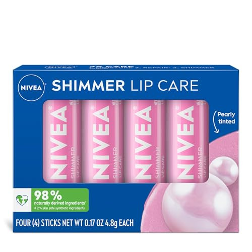 Nivea Shimmer Lip Care Shimmery Lip Balm Pack With Shea Butter Nourishing Oils And Vitamin C & E 3-In-1 Moisture Repair And Shimmer 0.17 Oz Stick Pack Of 4