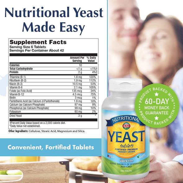KAL Nutritional Yeast Supplement, Fortified w/ B12, Biotin, Folic Acid, Other B Vitamins, Naturally Occurring Amino Acids, Healthy Hair, Skin & Energy Support, Vegan, Gluten Free, 83 Serv, 500 Tablets