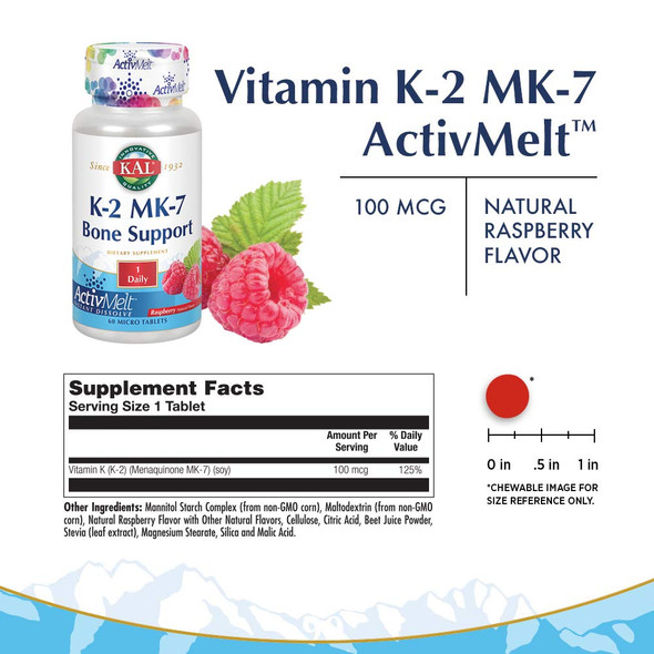 KAL Vitamin K-2 MK-7 ActivMelt | Natural Raspberry Flavor | Bone & Cardiovascular Function Support | No Sugar Added | Lab Verified | 60 Micro Tablets